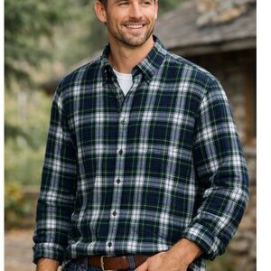 L.L.Bean Men’s L Tall Flannel Shirt • Green Blue Plaid • 100% Cotton